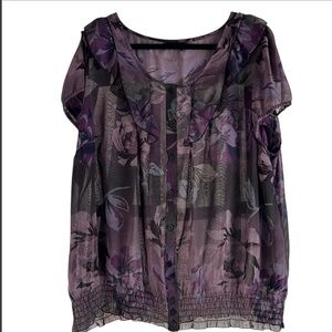 East 5th Women's Sheer Top Size 1X Short Sleeve Multicolored Floral Peas…